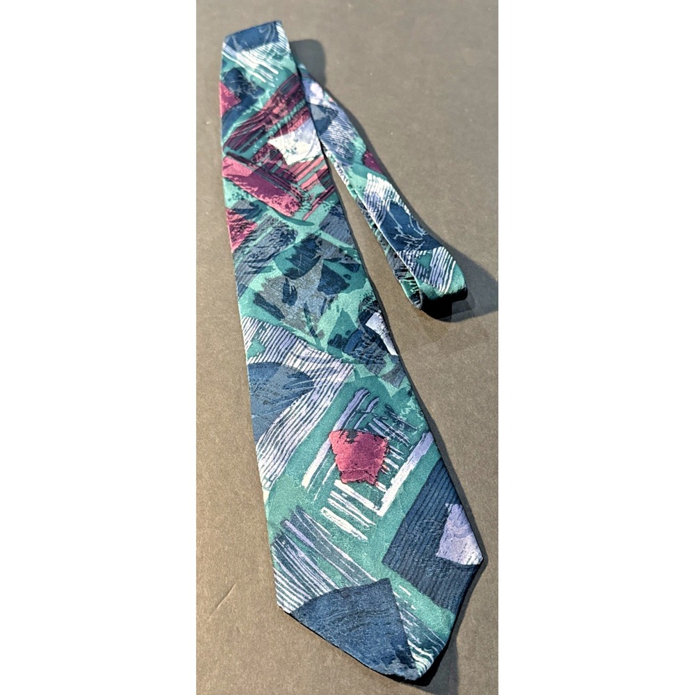 Leonardo Men's 100% Silk Tie Blue Green Maroon Geometric Made in USA